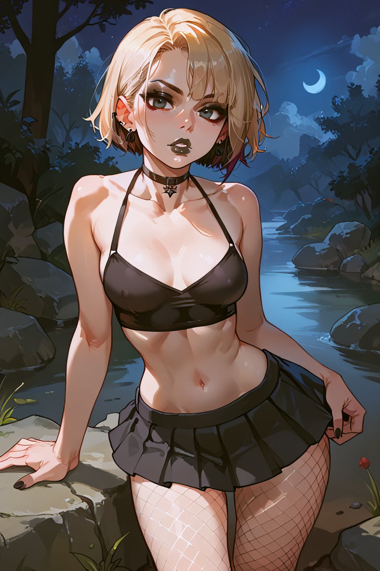 score_9, score_8_up, score_7_up, score_6_up, stuningly beautiful female focus, realism, high quality, best quality, 1girl, solo, petite build, perfect anatomy, perfect hands (:1.9) blonde hair (:1.9), midriff_peek, ((very petite breasts)), fishnet pantyhose, blonde hair, short hair, teen, intense blue eyes, emo, make up, facing viewer, high detail, detailed, rock show, black miniskirt, microskirt, pleated skirt, narrow waist, skinny, wide hips, (((black choker))), loli, collarbone, hair between eyes, night, (((black lipstick))), Rock and Roll