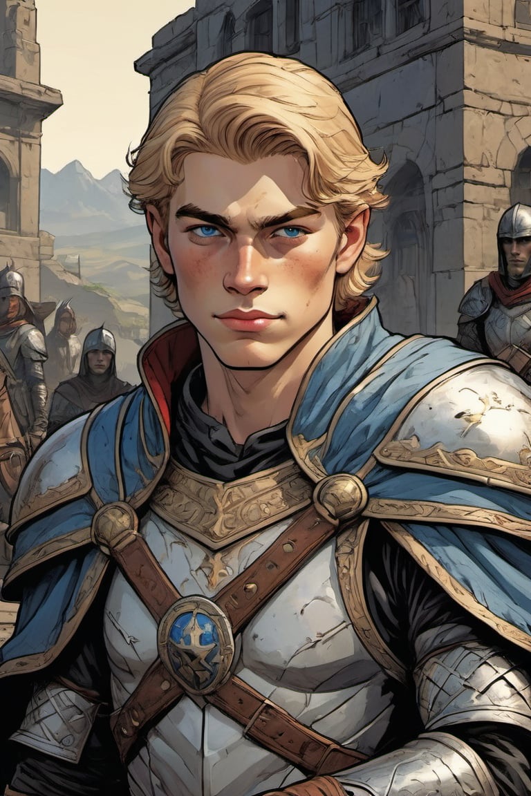 Cowboy shot, A tall young boy, thin, blond, (((hair between the eyes))), blue eyes, (18 years old), wearing full silver armor, covered by a old black cloack, phoenix pendant , bastard sword, in a melancholic battlefield, gauntlet, breastplate, royal knight, comic book, (((helmet)))