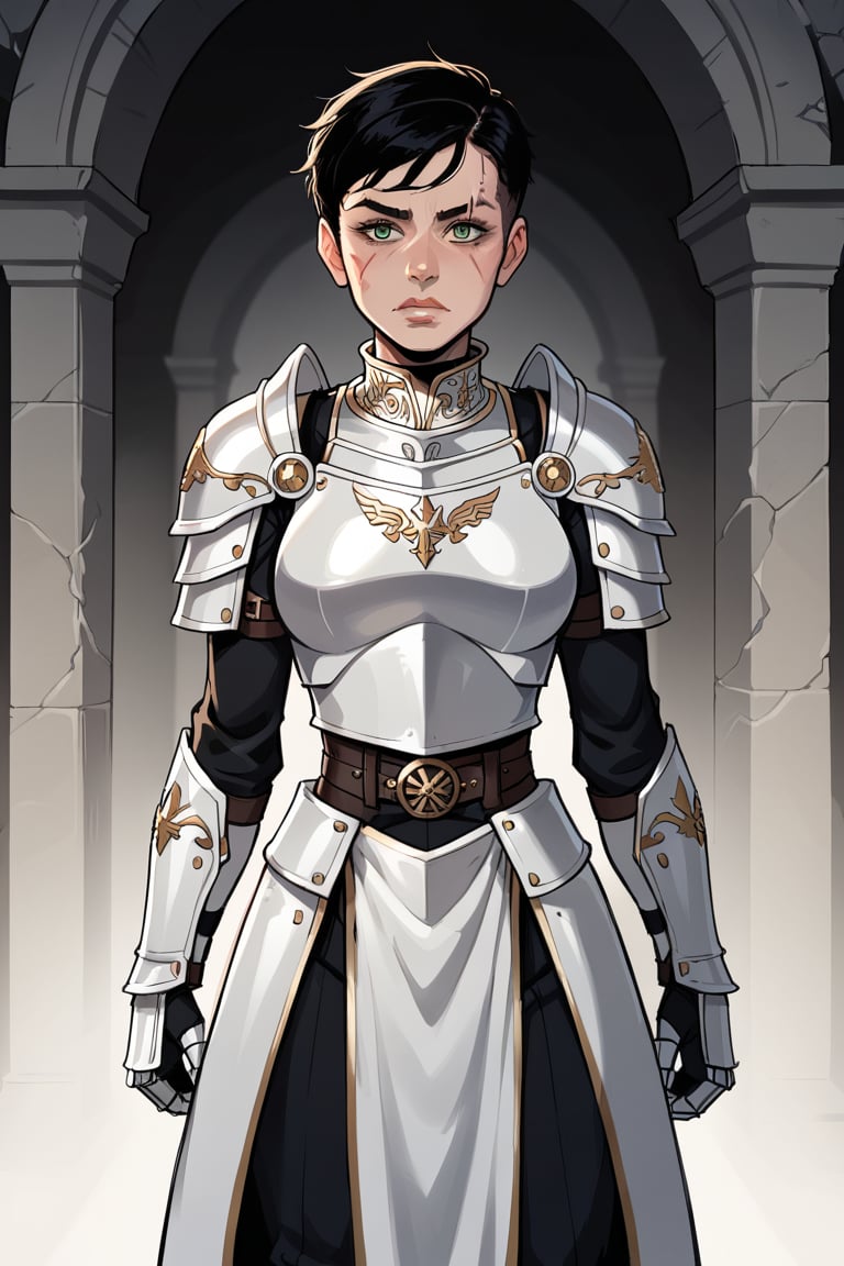 In a dimly lit, old castle clearing, a 45-year-old milf stands proudly in full armor, her white skin glistening beneath the soft glow of lanterns. Her short, pixie-cut black hair frames her striking features, with piercing green eyes and a strong, slim physique. She wears a white armored dress, adorned with green details, and dons gauntlets with intricate designs. A warhammer rests in her hand, its power evident in the way she holds it. The upper body of her armor is emblazoned with a breastplate, while the lower body features knee-high gauntlets and shin guards. Scars dot her skin, testifying to countless battles fought