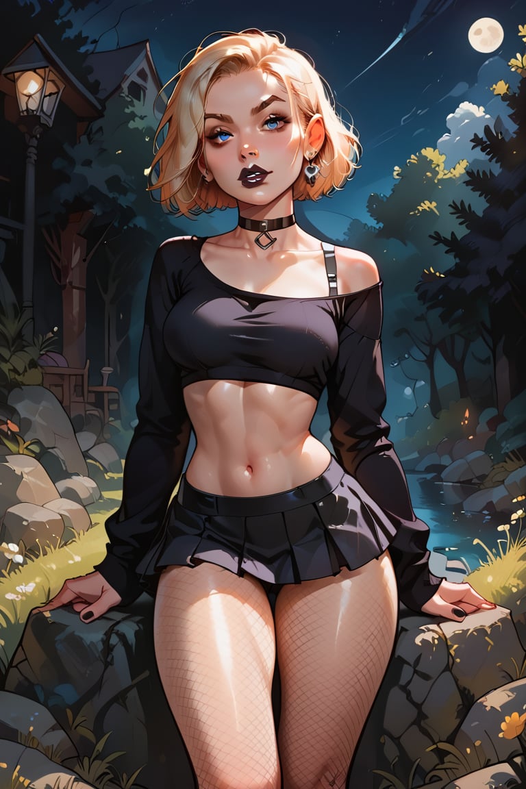  score_9, score_8_up, score_7_up, score_6_up, stuningly beautiful female focus, realism, high quality, best quality, 1girl, solo, petite build, perfect anatomy, perfect hands (:1.9) blonde hair (:1.9), midriff_peek, ((very petite breasts)), fishnet pantyhose, blonde hair, short hair, teen, intense blue eyes, emo, make up, facing viewer, high detail, detailed, rock show, black miniskirt, microskirt, pleated skirt, narrow waist, skinny, wide hips, (((black choker))), loli, collarbone, hair between eyes, night, (((black lipstick))), Rock and Roll