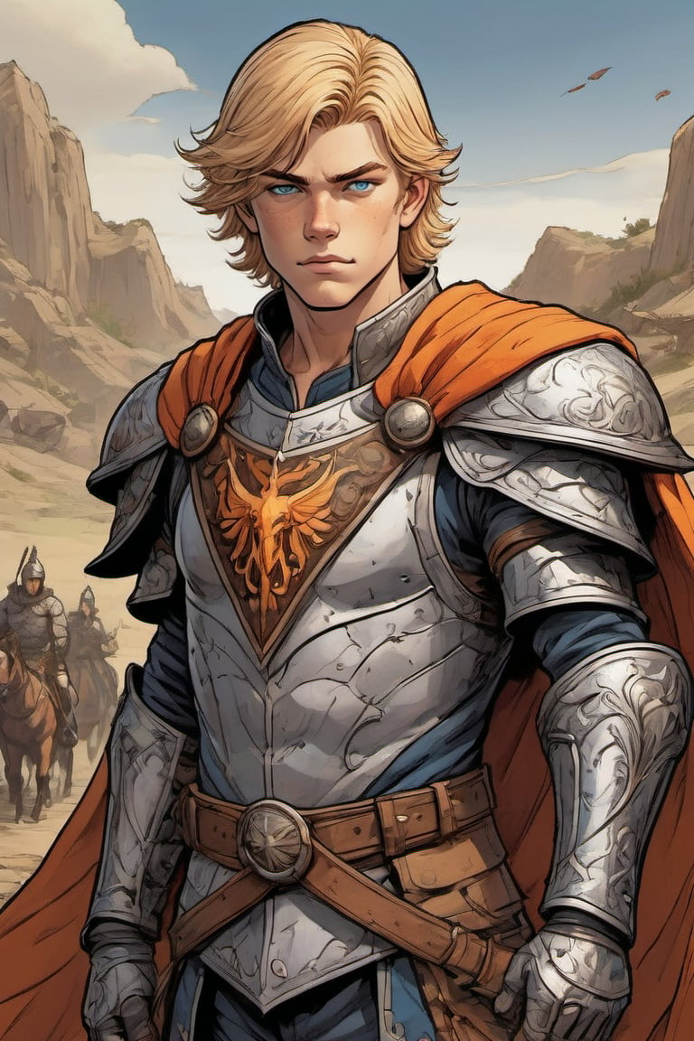 Cowboy shot, A tall young boy, thin, blond, (((hair between the eyes))), blue eyes, (18 years old), wearing full silver armor, a wooden shield, covered by a flowing black cape, with a pendant with an orange phoenix, bastard sword, burns on his body, in a melancholic battlefield, gauntlet, breastplate, royal knight, comic book