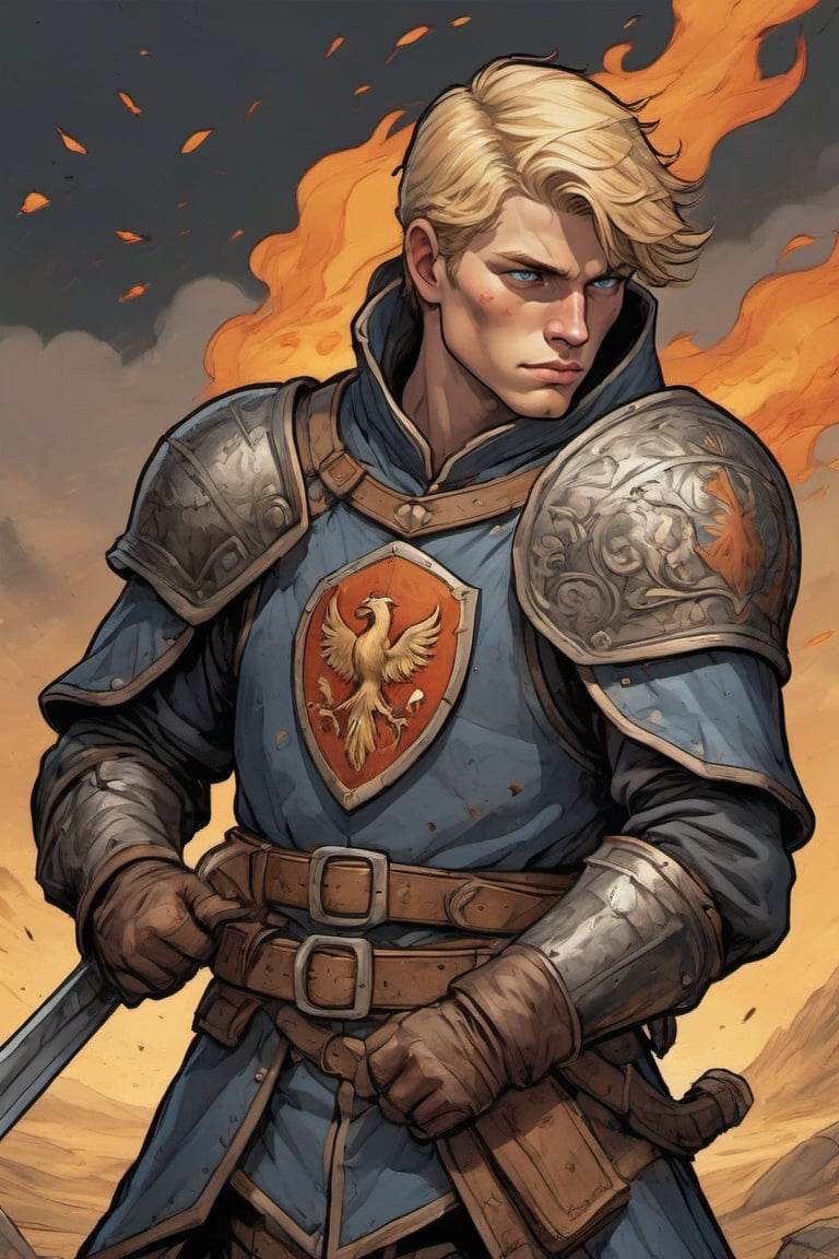 Cowboy shot, A tall, thin, blond, blue-eyed young soldier with a medieval English helmet; with a bastard sword sheathed at his waist, wearing full plate armor, an iron shield, covered by a tattered, flowing black cloak, with a collar with the emblem of an orange phoenix, burns on his body, on a melancholy battlefield