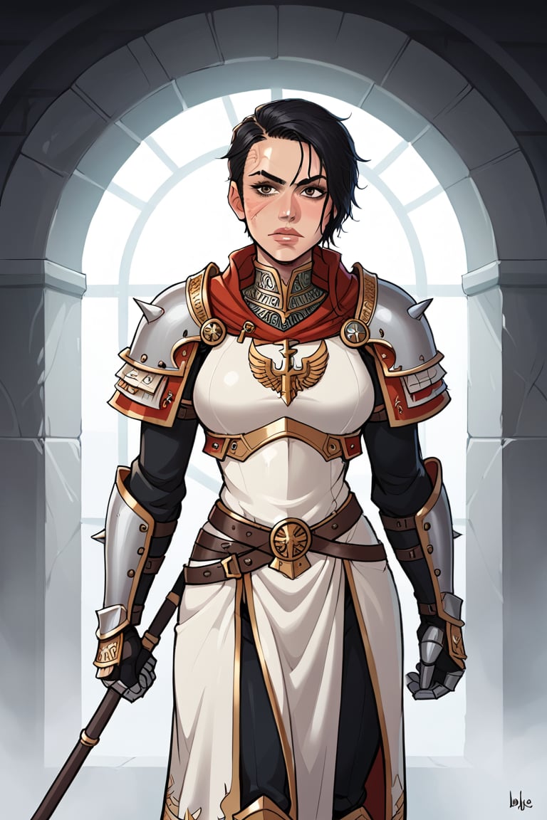 In a dimly lit, old castle clearing, a 45-year-old milf stands proudly in full armor, her white skin glistening beneath the soft glow of lanterns. Her short, pixie-cut black hair frames her striking features, with piercing brown eyes and a strong, slim physique. She wears a white armored dress, adorned with green details, and dons gauntlets with intricate designs. A warhammer rests in her hand, its power evident in the way she holds it. The upper body of her armor is emblazoned with a breastplate, while the lower body features knee-high gauntlets and shin guards. Scars dot her skin, testifying to countless battles fought. (((warhammer)))