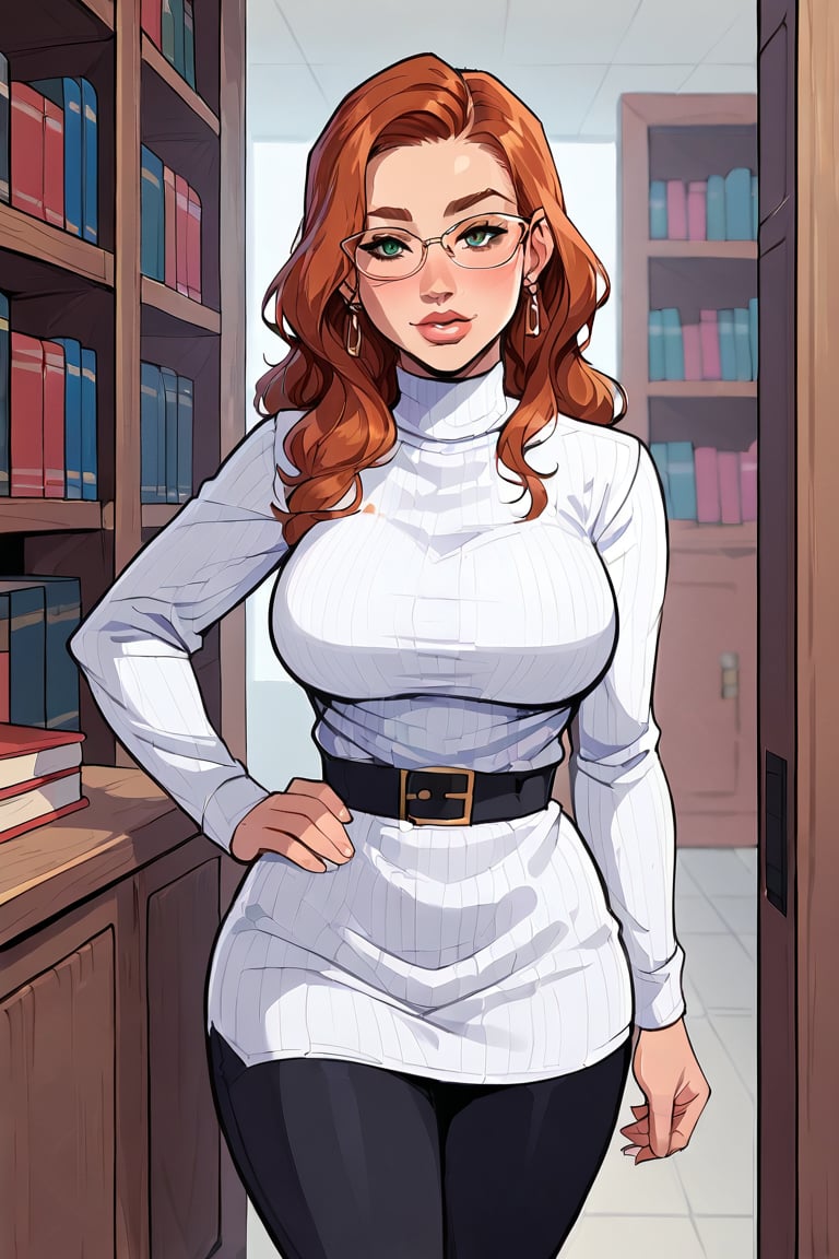 A stunning scene unfolds: a beautiful mature woman, 45 years old, with wavy red hair tied in pigtails and glasses, exudes seriousness in a american shot view. Her wide hips and strong thighs are accentuated by her long, flowing red locks. She stands alone, a vision of loveliness in a white sweater, long black skirt, and tights, surrounded by the quiet atmosphere of a library ((library)). The lighting is soft and gentle, with a subtle warmth that highlights the curves of her figure. Her beautiful face, with expressive green eyes and detailed features, radiates confidence. Her perfect breasts are the focal point, with a slight emphasis on her love handles, adding to her endearing librarian persona. A hair elastic secures her pigtails in place, while her hands, perfectly proportioned and anatomically correct, rest gently at her sides. The overall effect is one of hyper-realistic beauty, as if plucked straight from a fantasy novel.