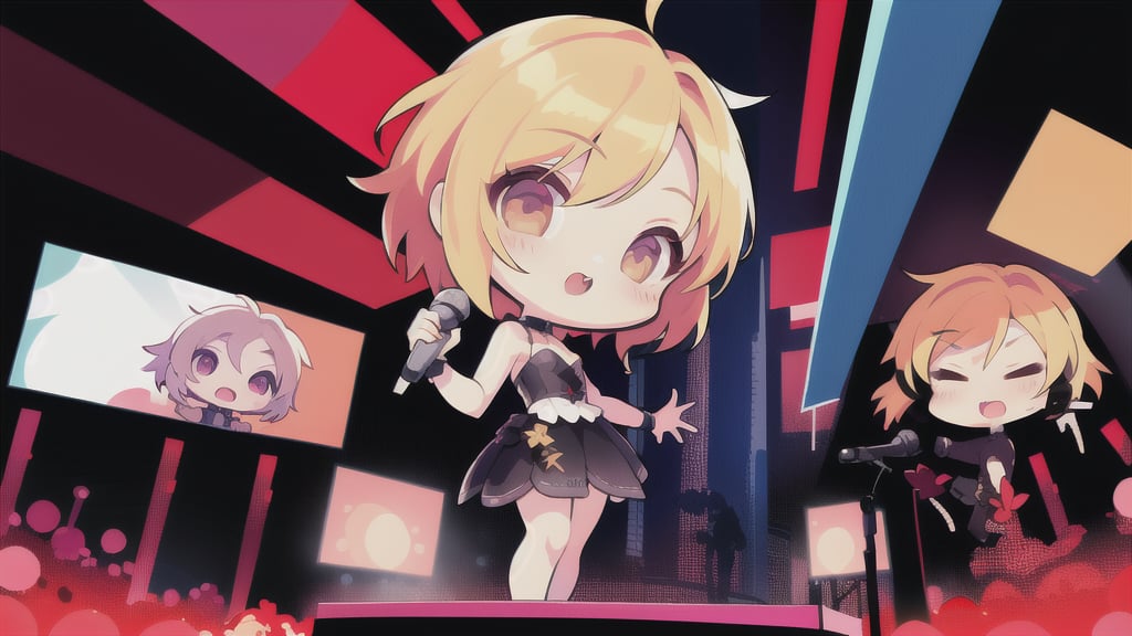 chibi. Two heads high. Only one person, A super deformed, chibi character, 
Short blond hair.
Holding a microphone in one hand, he sings a song.
A dynamic composition. Cyberpunk background.