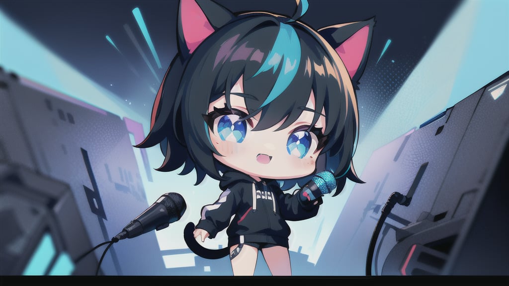 Only one character. A super deformed, chibi character with short black hair featuring vibrant blue highlights and sparkling twinkle eyes shines brightly against a cyberpunk backdrop. She dons a Cyberpunk long black hoodie, accentuating her boyish charm and striking blue eyes. It has cat ears on its head. 
With microphone in hand, she belts out a tune, her whole body showcased in a dynamic composition that captures the essence of a futuristic performance.