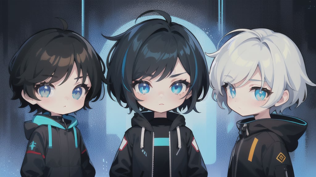 The drawing style is super deformed, chibi characters.
Three characters.
The one in the center is a super deformed, chibi character with short black hair with bright blue highlights and sparkling eyes. He wears a long black coat that accentuates his boyish charm and striking blue eyes.
The other two are random.
Dynamic composition. Cyberpunk background.