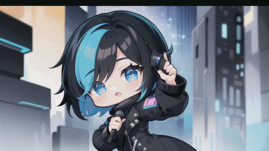 A super deformed, chibi character with short black hair featuring vibrant blue highlights and sparkling twinkle eyes shines brightly against a cyberpunk backdrop. She dons a long black coat, accentuating her boyish charm and striking blue eyes. With microphone in hand, she belts out a tune, her whole body showcased in a dynamic composition that captures the essence of a futuristic performance.