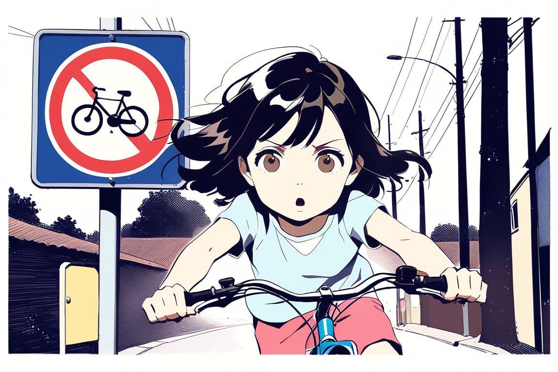 A large no cycling sign. A 5 year old young girl, with black hair and brown eyes is riding a bicycle and looking looks towards the sign with a determined look on her face. Make the girls mouth bigger