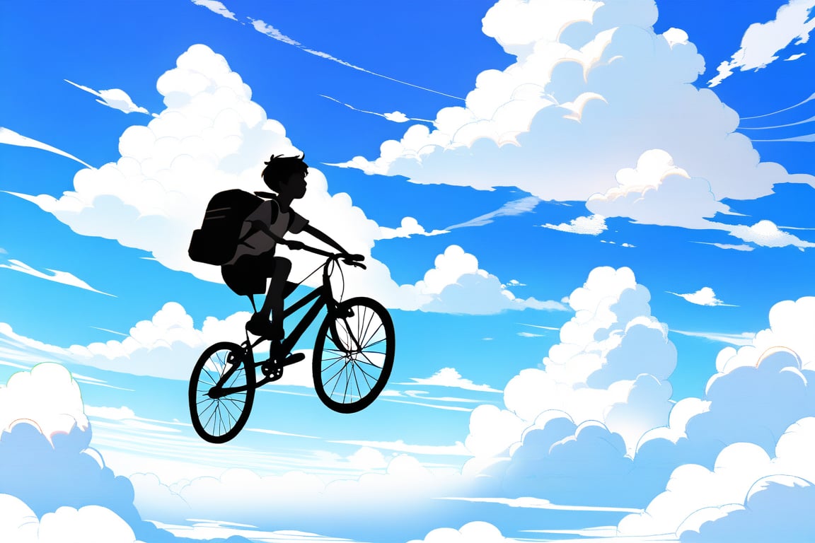 a blue sky filled with white fluffy clouds. In the distance can be seen a little boy with two legs riding a bicycle on top of the clouds, jumping from one cloud to the next. The boy should not be wearing a backpack.