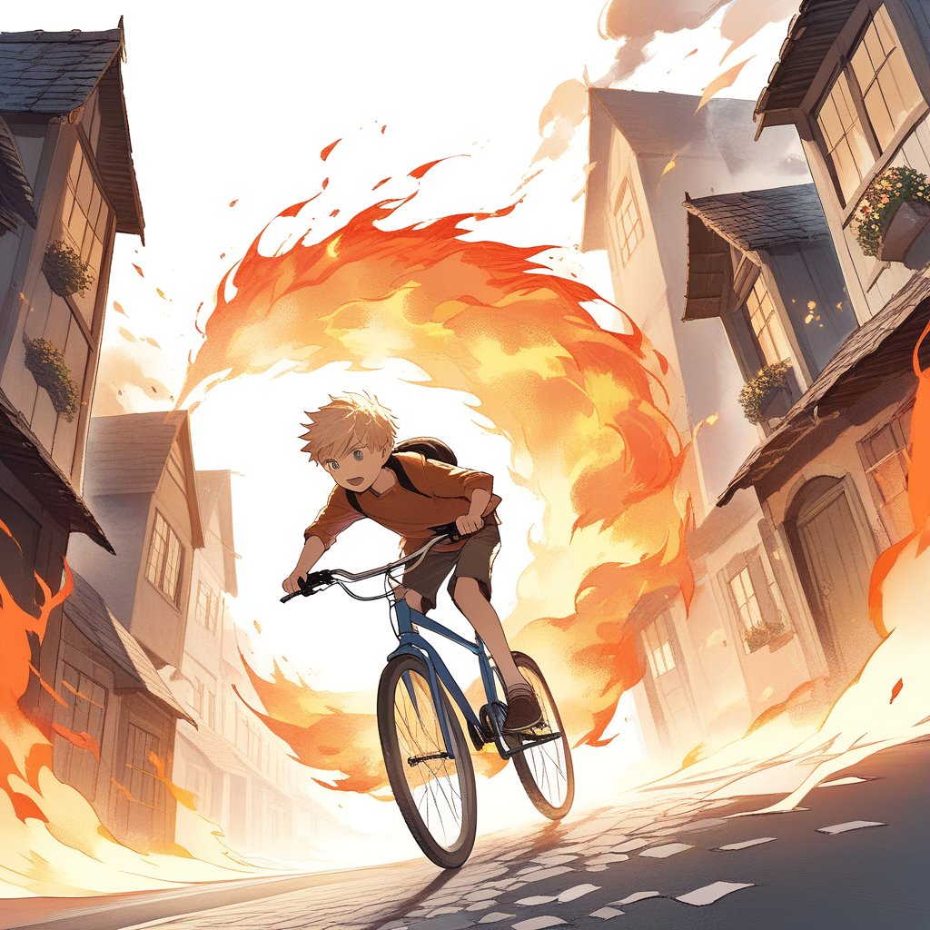 a very young boy riding his bicycle fast down a street of houses and through a giant ring of fire. The scene captures the boy just as he is going through the ring of fire. He looks scared