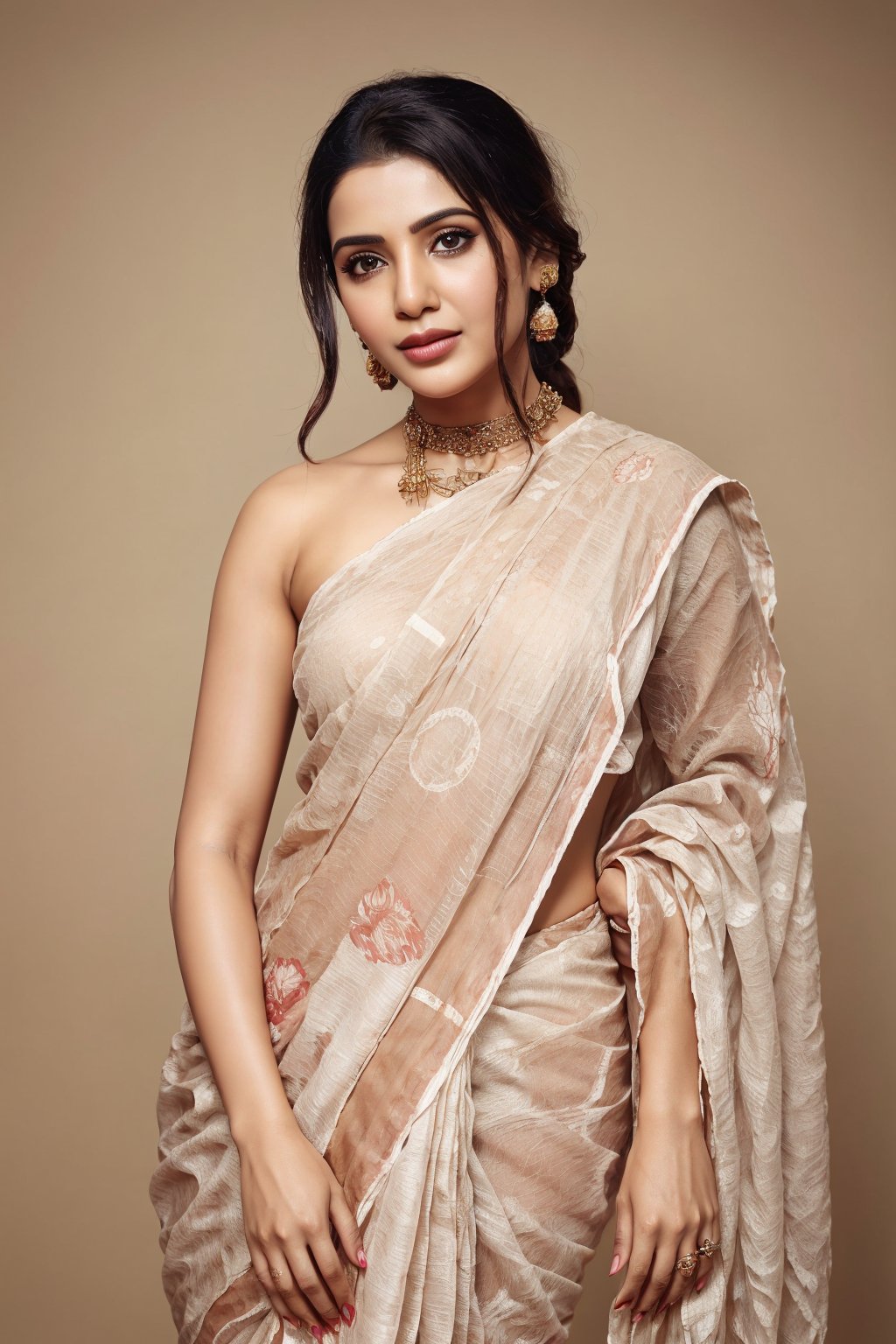 , highly detailed beautiful organic molding, analog style (look at viewer:1.2) (skin texture) (film grain:1.3), (warm hue, warm tone) , She is dressed in a simple, yet elegant, cotton saree, the soft fabric draping gracefully over her slender frame.,side pose , hip ,Saree,Samantha Ruth Prabhu,