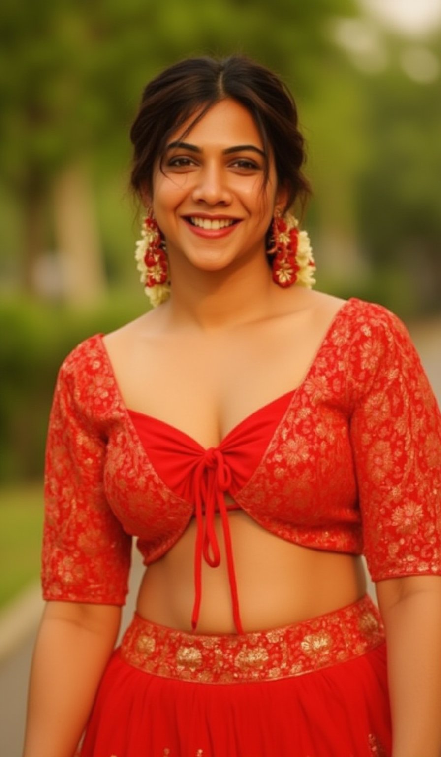 A photo of a sexy wearing a traditional Indian red blouse with golden embroidery, tied in the front to reveal her midriff and navel. The blouse has short sleeves adorned with intricate gold detailing, and she pairs it with a matching red lehenga skirt that features a decorative golden border. Her accessories include floral gajra in her neatly tied hair, small earrings, and minimal makeup, highlighting her natural beauty. Her slim, toned body and soft curves are visible, standing confidently in a park setting, smiling warmly. The image is captured in DSLR quality, showcasing her glowing skin and expression, VNS_Add more details, Detailed skin
,Realistic, beautiful,perfect face,Sexy,Madona Sebastian 