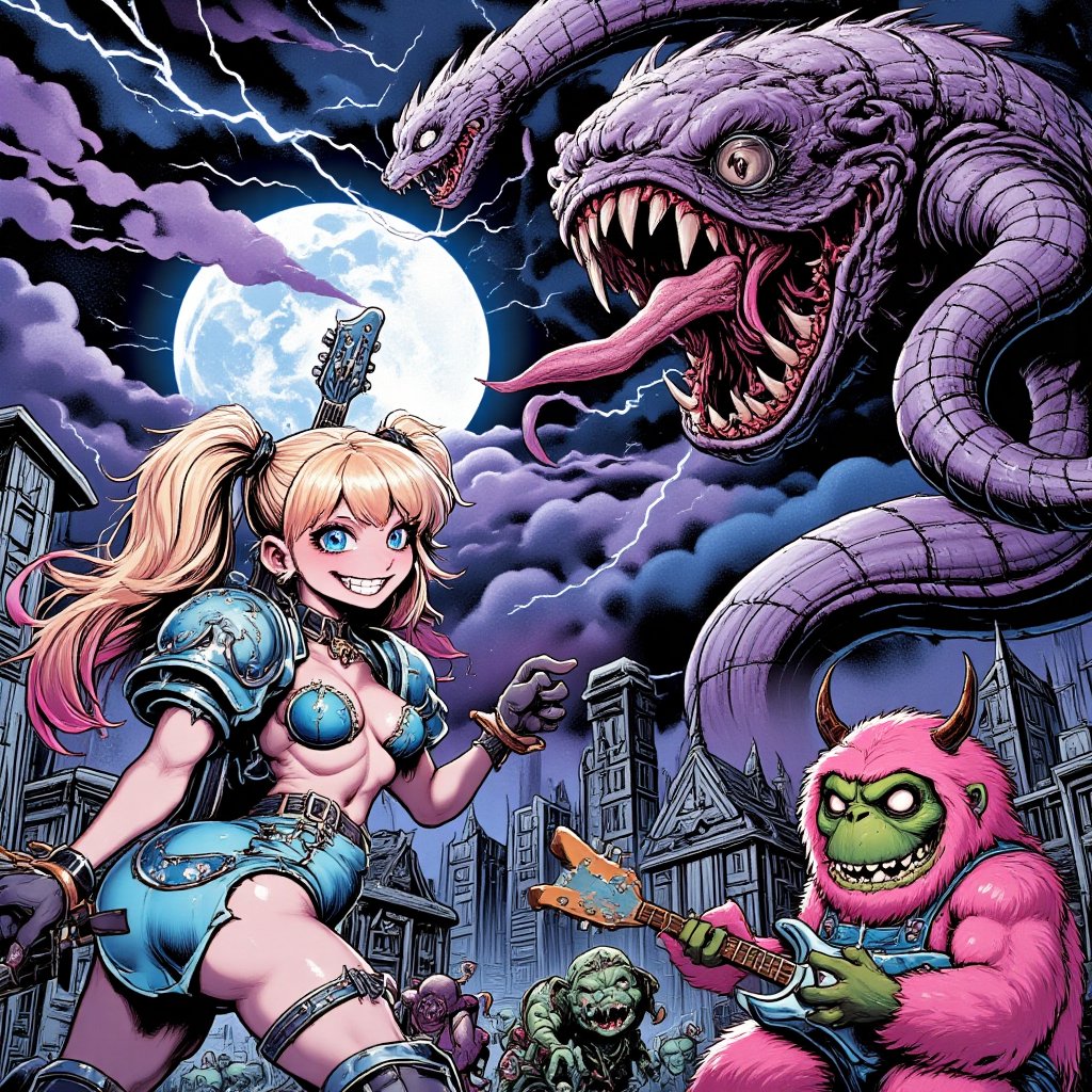 Fantastic and beautiful POWER METAL album art, album jacket art,
The words "POWER" written in a strong, sharp, heavy font are placed at the top of the screen. a huge monster serpent with 2 heads flyings on a city sky.
80's American comic style, a muscular bubbles, (from the power puff girls) blonde hair, small twin ponytails, big blue eyes, half-closed eyes, serius eyes, smile mouth, full dark gothic make up, wearing sexy armor light blue+black holds up a light blue guitar, Lightning strikes flowing across the screen, one samonkeys zombies rocking back herwith (a pink-furred sasquatch, with martian antennae, green nose, wears blue overalls, playing air guitar back on her), huge moon background,DonM7w1573dW0nd3rl4ndFX,lyh