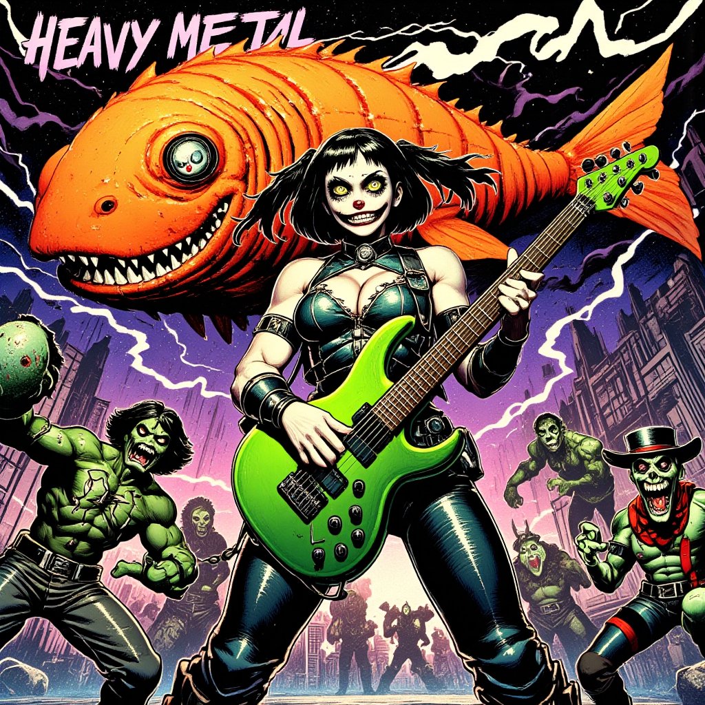 Fantastic and beautiful HEAVY METAL album art, album jacket art,
The words "HEAVY METAL" written in a strong, sharp, heavy font are placed at the top of the screen. (a huge monster orange puffer fish, with spikes, inflated, flyings) on a city sky.
80's American comic style, a muscular Buttercup, (from the power puff girls), bobcut hair, black hair, straight hair, (no twin ponytails on hair),(no twin tails on hair),(no bun),(no ponytails), straight bangs, big light green eyes, open eyes, serius eyes, biting lips mouth, full dark gothic make up,(face with a mask like the slipknot band masks), wearing sexy armor light green+black, holds up a green+light orange electric bass, Lightning strikes flowing across the screen, slims thugs green skin, rocking back her, (skinny, clown mime, all in black and white, striped, long sleeves, shirt, black pants, curly hair at the sides, tiny black hat, rocking back to her), stars on sky background,DonM7w1573dW0nd3rl4ndFX,lyh