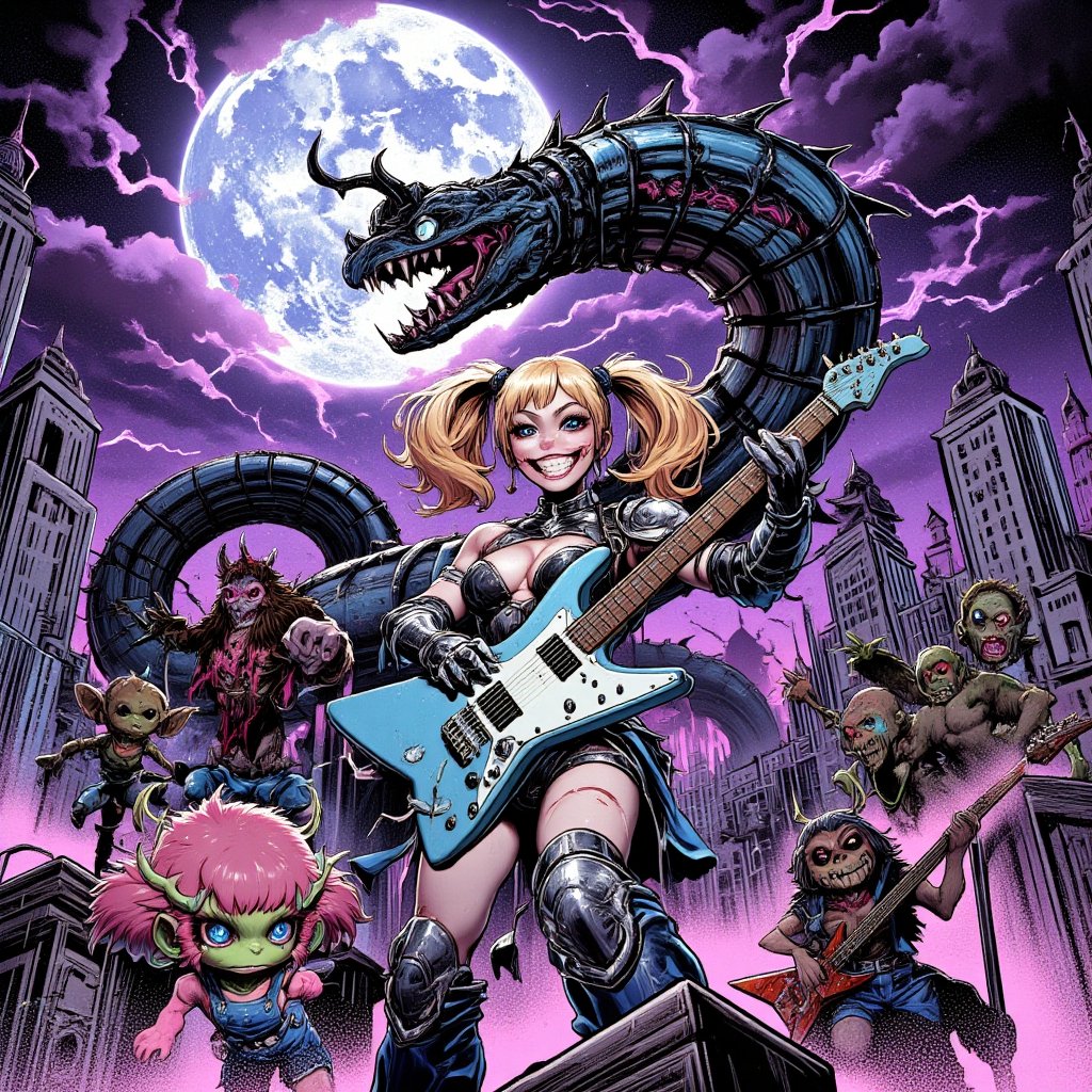 Fantastic and beautiful POWER METAL album art, album jacket art,
The words "NU METAL" written in a strong, sharp, heavy font are placed at the top of the screen. a huge monster serpent with 2 heads flyings on a city sky.
80's American comic style, a muscular bubbles, (from the power puff girls) blonde hair, small twin ponytails, big blue eyes, half-closed eyes, serius eyes, smile mouth, full dark gothic make up, wearing sexy armor light blue+black holds up a light blue guitar, Lightning strikes flowing across the screen, one samonkeys zombies rocking back herwith (a pink-furred sasquatch, with martian antennae, green nose, wears blue overalls, playing air guitar back on her), huge moon background,DonM7w1573dW0nd3rl4ndFX,lyh