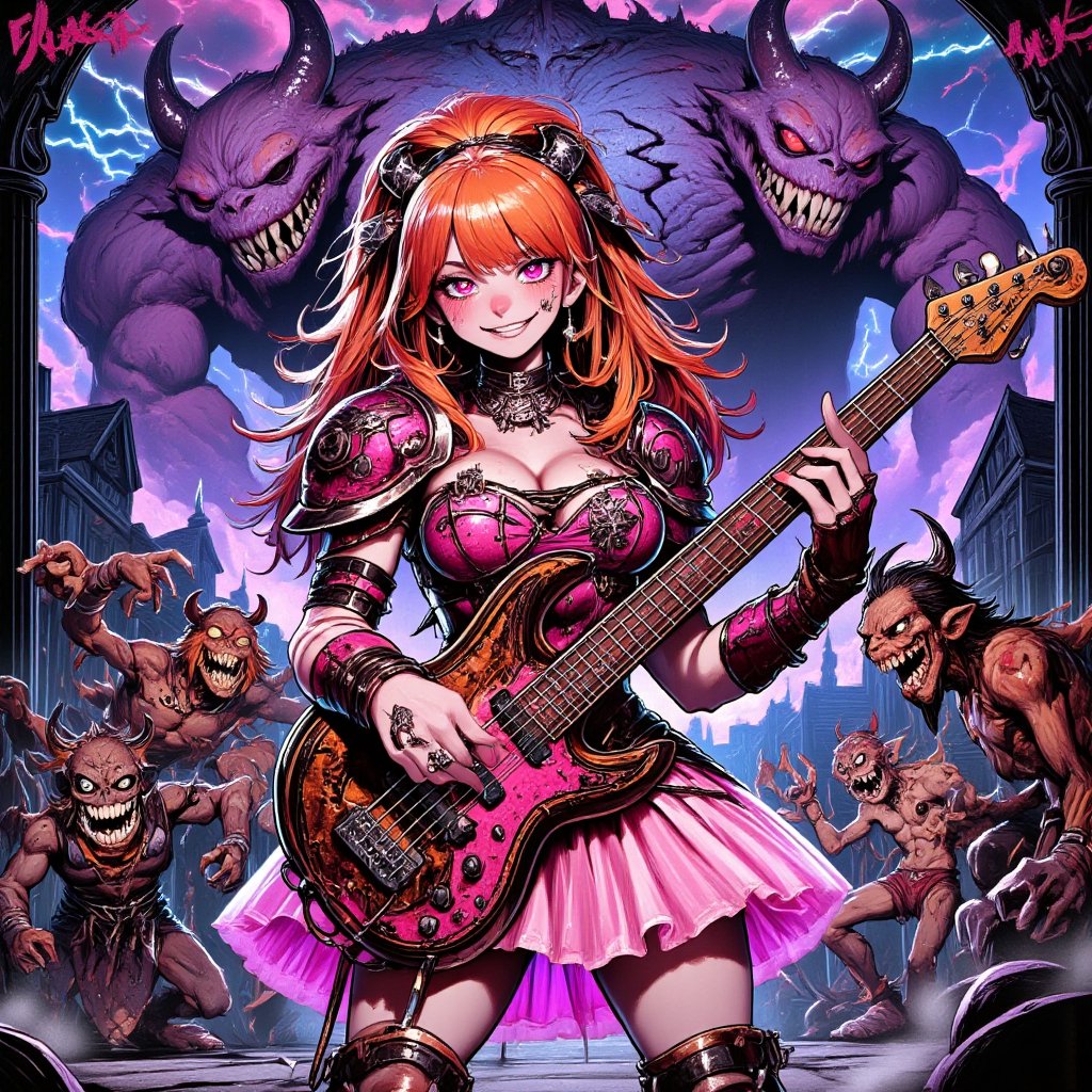 Fantastic and beautiful POWER METAL album art, album jacket art,
The words "NU METAL" written in a strong, sharp, heavy font are placed at the top of the screen. a huge monster wyrms with flyings on a city sky.
80's American comic style, a cute muscular Blossom, (from the power puff girls), long hair, orange hair, big ponytail, huge laced on ponytail, straight bangs, big magenta eyes, one-closed eye, serius eyes, smile mouth, full dark gothic make up, painted face like the members of kiss, wearing sexy armor light pink+black, pink tutu,  holds up a magenta+pink electric bass, Lightning strikes flowing across the screen, zombies rocking back her, (a skinny slim demon without horns, orange skin, flad chest, thin face, long face, black beard, very short black hair, wearing a delicated pink tutu, pink padded collar, crab claw hands headband rocking back of her), stars on sky background,DonM7w1573dW0nd3rl4ndFX,lyh