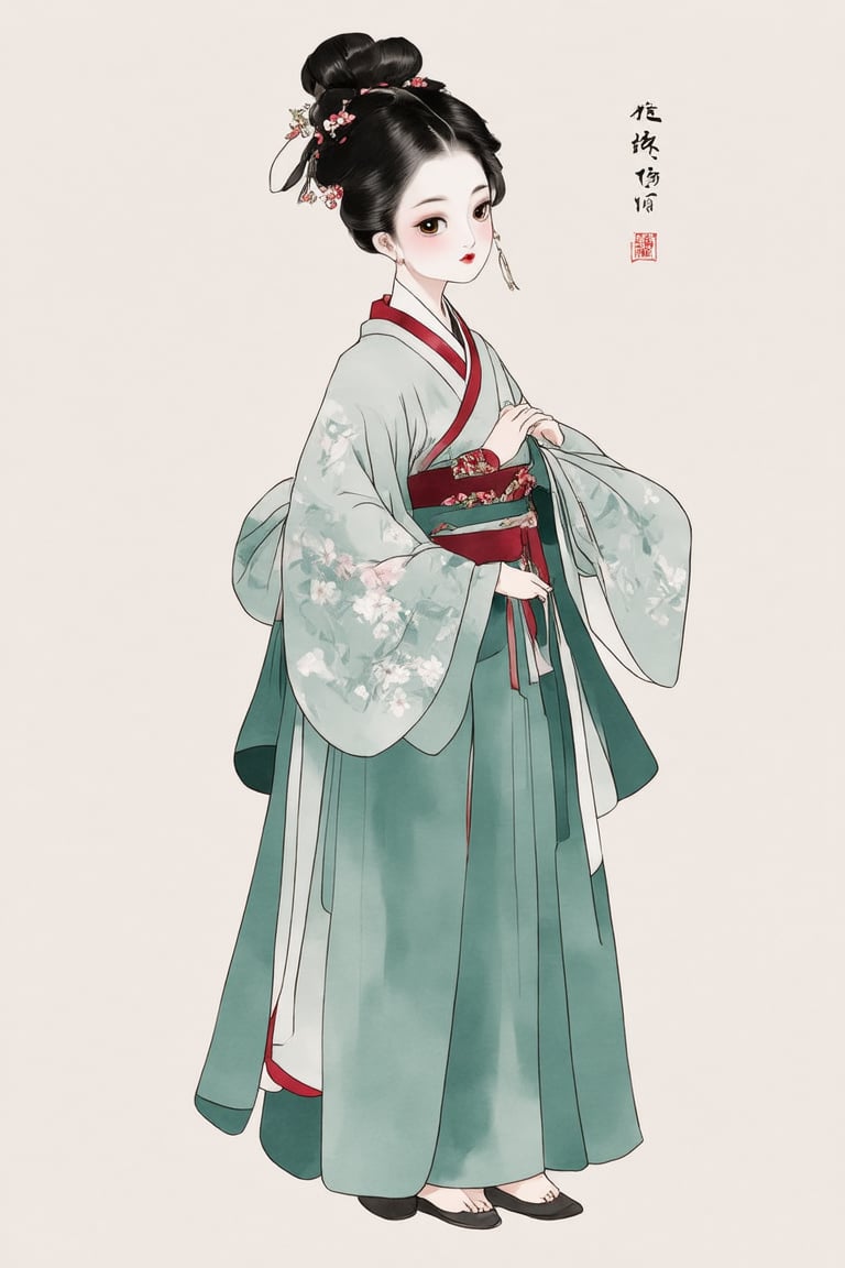 Flat illustration, line art, exquisite patterns on clothes, Q-version, cute and adorable, extremely fine ink lines outline the edges, ultra high definition, Tang Dynasty lady image, flat illustration, cardamom girl, chubby, cute, short figure, minimalist, cute, lively and lovely, round face, big eyes, small mouth, very lively, with a lively cat at the back, light and elegant clothes, exquisite patterns on top, smooth and beautiful lines, soft and perfect facial features, Tang Dynasty clothing, fluffy high bun, green long skirt, ultra high definition, reasonable body language, new gongbi, watercolor portrait, soft light and light color, romantic ancient style, glass sugar paper, line art, ultra high definition, edge Clear and unique style expression,hanfu