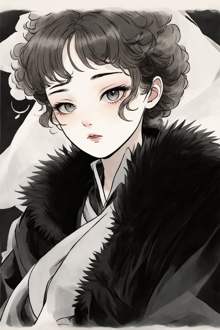 Ink portrait, martial arts comic, half body, with a veil of thin gauze on the screen, hazy. The girl has curly hair, big eyes, thick lips, fair skin, beautiful appearance, and a delicate appearance. She is wearing a black coat with a fur collar, hazy and gorgeous, alphonse mucha,Nier Automata, Miho Hirano,Yoh Nagao