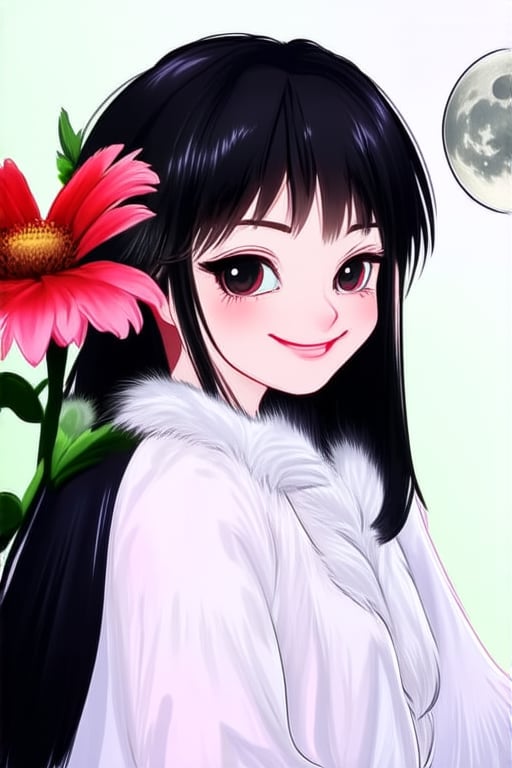 1girl, flower, solo, black hair, v, smile, hair ornament, animification, moon, fur trim, crescent moon, pink flower, hair flower, red flower, black eyes, hair behind ear, looking at viewer