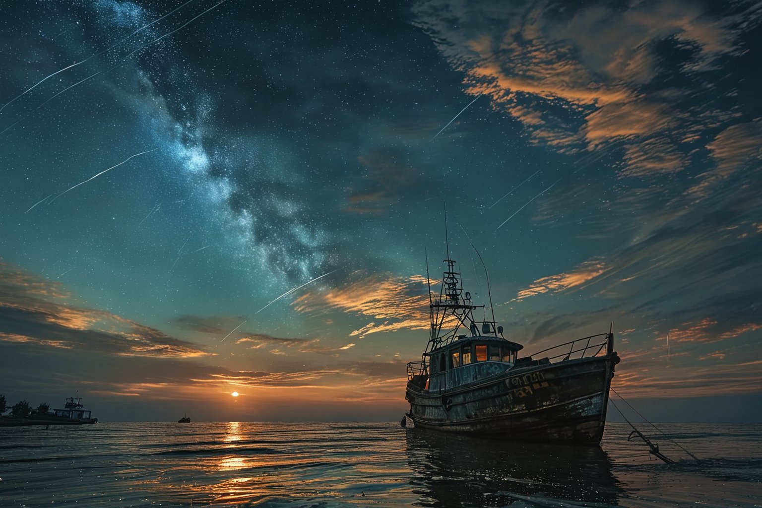 fishing boat, bioluminescent sky