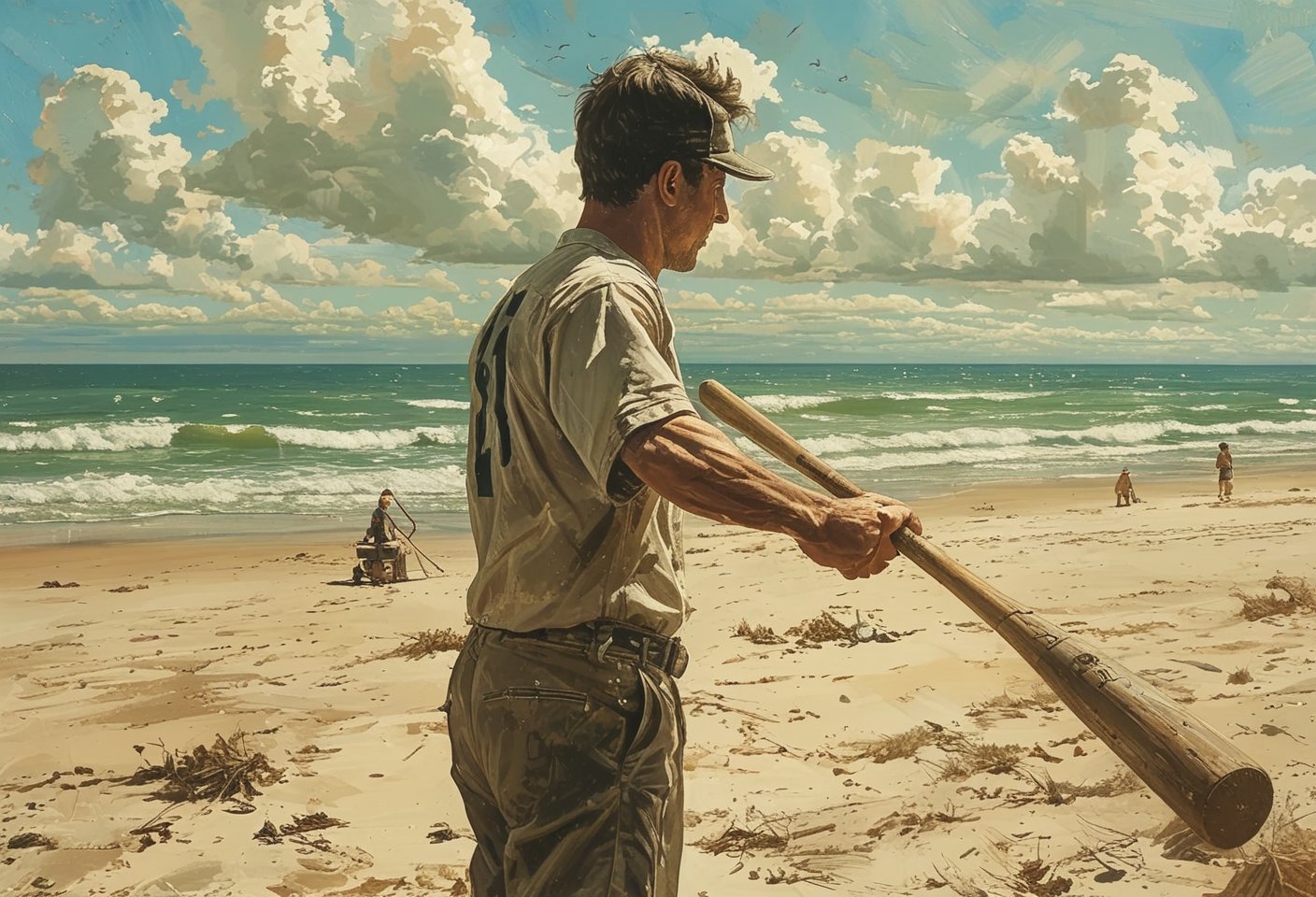 a man holding a baseball bat on the beach