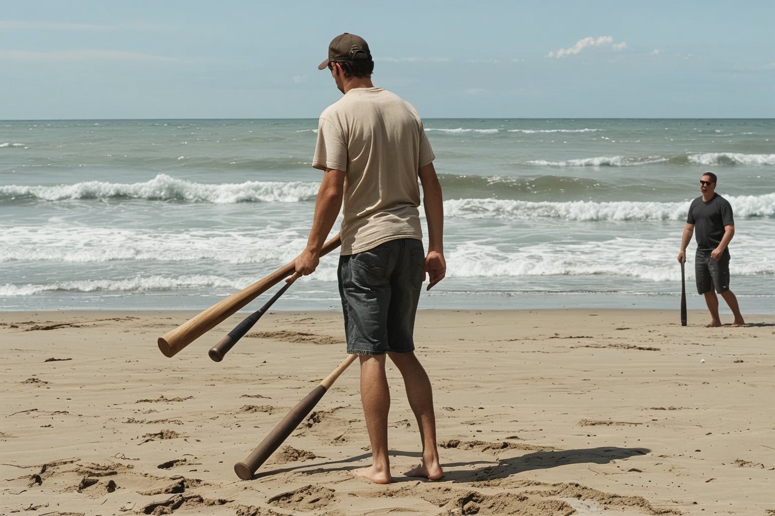 a man holding a baseball bat on the beach