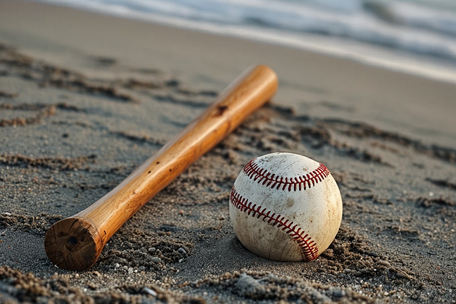 A baseball bat lying on the beach