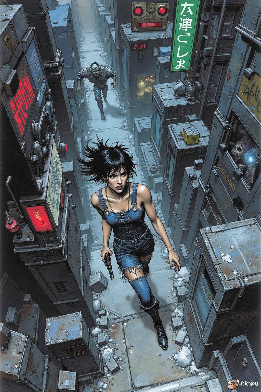 finely intricate details, lots of pencil strokes, a color masterpiece comics scribbled illustration, Close up, overhead shot of a woman running down a dark alleyway between two crumbling high-rise buildings, with a holographic display of her pursuers on the walls and a strange creature with glowing red eyes lurking in the shadows, in a neon-lit cityscape that feels like a dystopian nightmare. She's dressed in tattered overalls and has a pistol at her side.