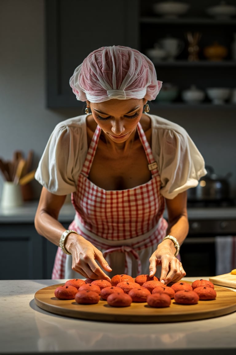 photograph of a plastinate as a housewife baking in the kitchen. lighting is cool and diffuse.