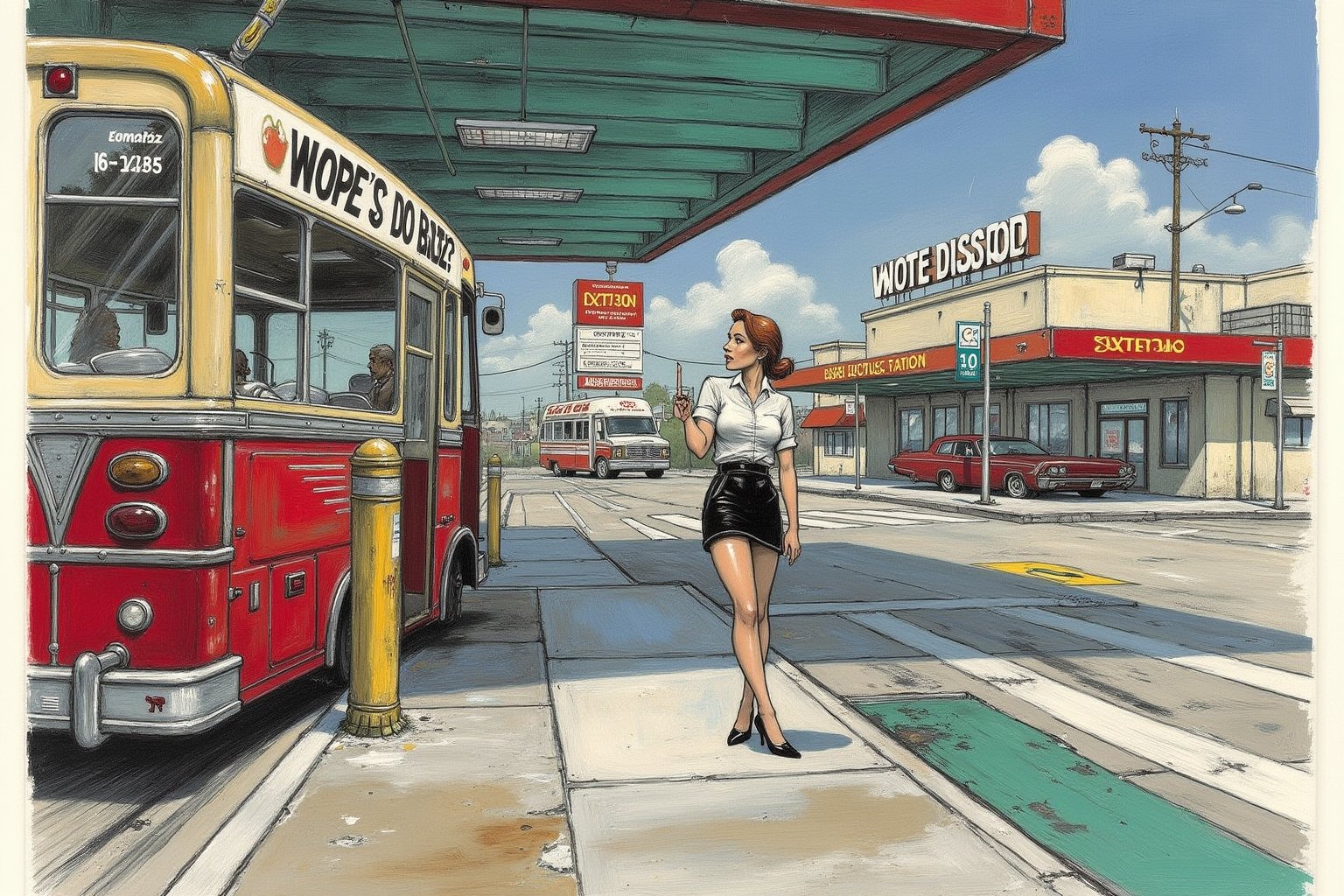 finely intricate details, lots of pencil strokes, a color masterpiece comics scribbled illustration,  a woman standing at an empty bus station, puzzled, confused, unsure, text: "Where's the Buzz?" oil painting, by Gil Elvgren, movie credits,