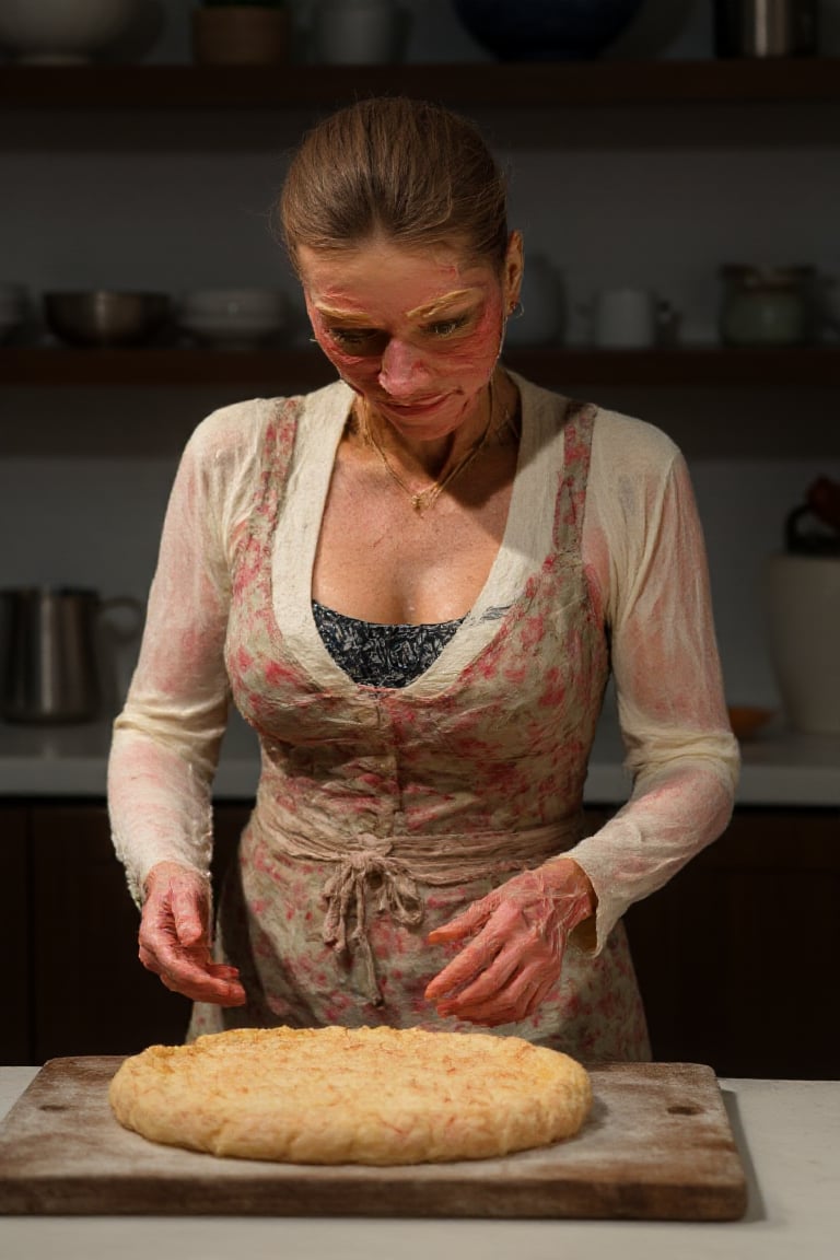 A plastinate as a housewife baking in the kitchen. lighting is cool and diffuse.