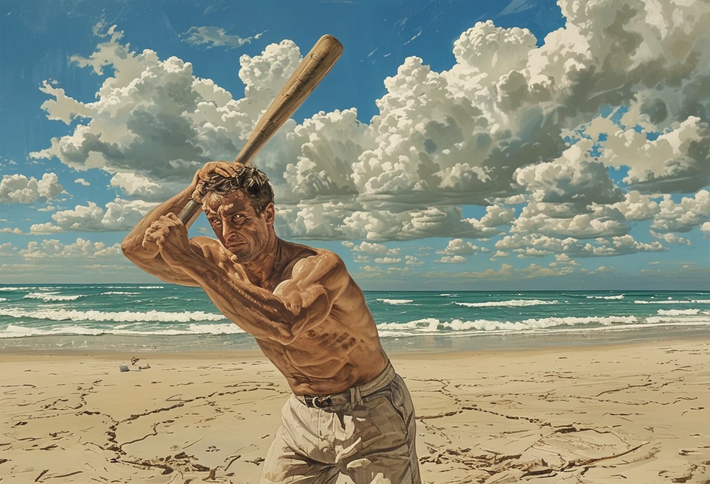 a man holding a baseball bat on the beach