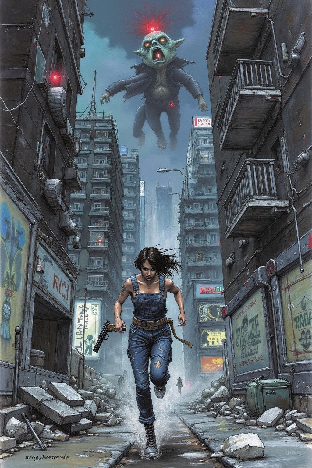 finely intricate details, lots of pencil strokes, a color masterpiece comics scribbled illustration, A woman running down a dark alleyway between two crumbling high-rise buildings, with a holographic display of her pursuers on the walls and a strange creature with glowing red eyes lurking in the shadows, in a neon-lit cityscape that feels like a dystopian nightmare. She's dressed in tattered overalls and has a pistol at her side.