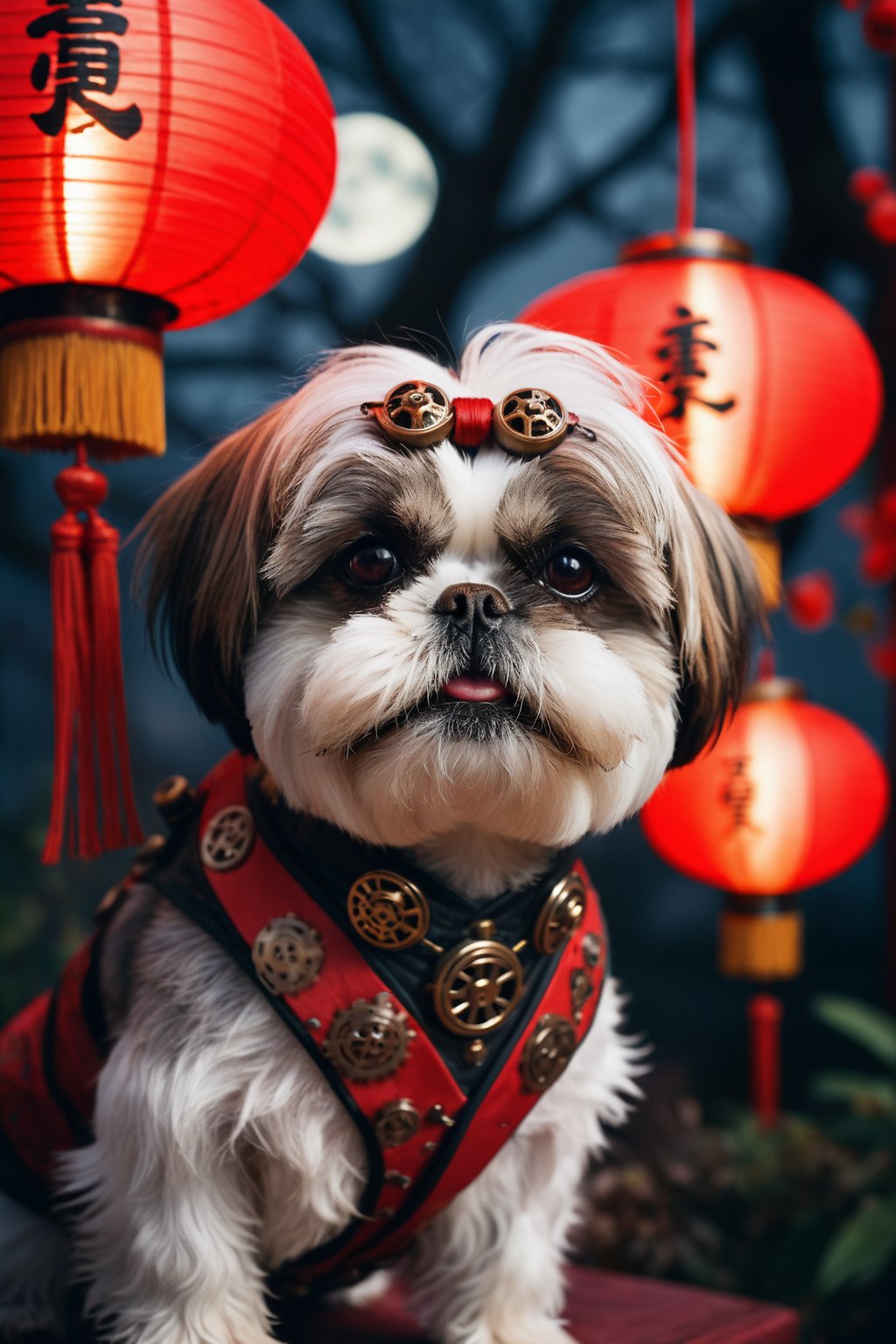 macro, nature photoshoot, photograph, Closeup of a Steampunk Shih Tzu, red lanterns, Shinto background, Smoky Conditions, Cozy, Royalcore, Moonlit, Cinestill, Ilford XP2 400, Selective focus, Vibrant Color, fauna, intricate detail, beautiful detailed supreme quality color intricate, handsome, dynamic dramatic atmosphere, enhanced quality