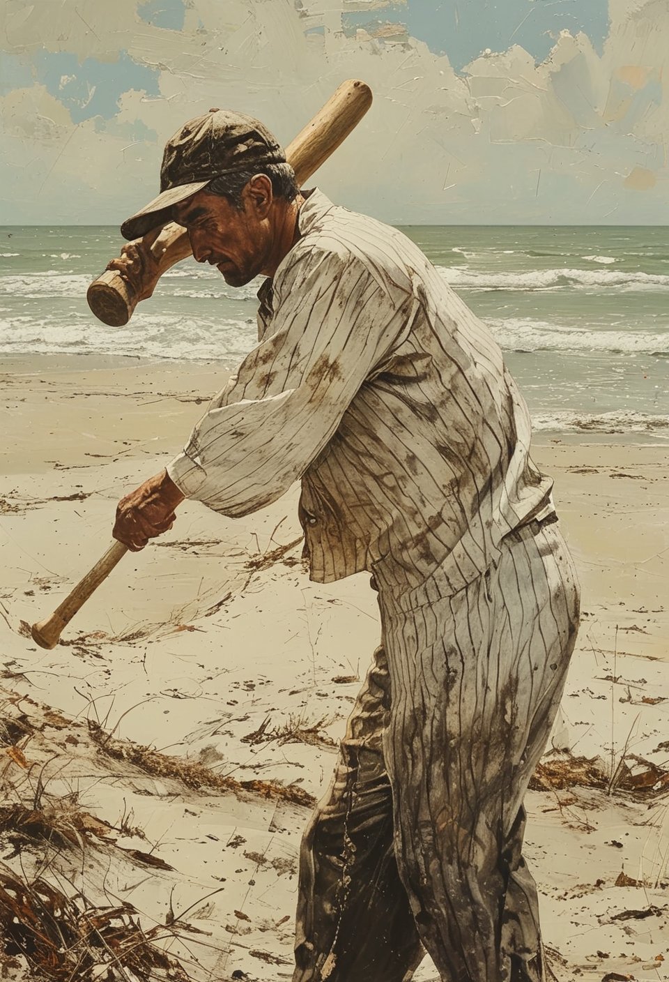 a man holding a baseball bat on the beach