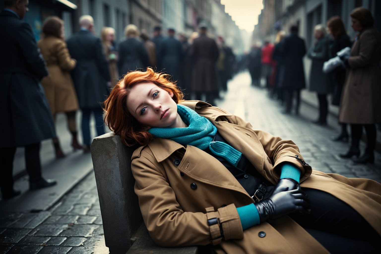 selfie, fine art photo, glamour shot, (designed by Chris Friel:0.8) , photograph, crowded street, stylized, (Woman:1.3), Resting on a diagonal, the Woman has Chestnut hairstyle, Gloves, inside a Trench, Light, Heterotype, Sony A7, 800mm lens, vibrant, colorful, dramatic, epic atmosphere, theatrical, badge