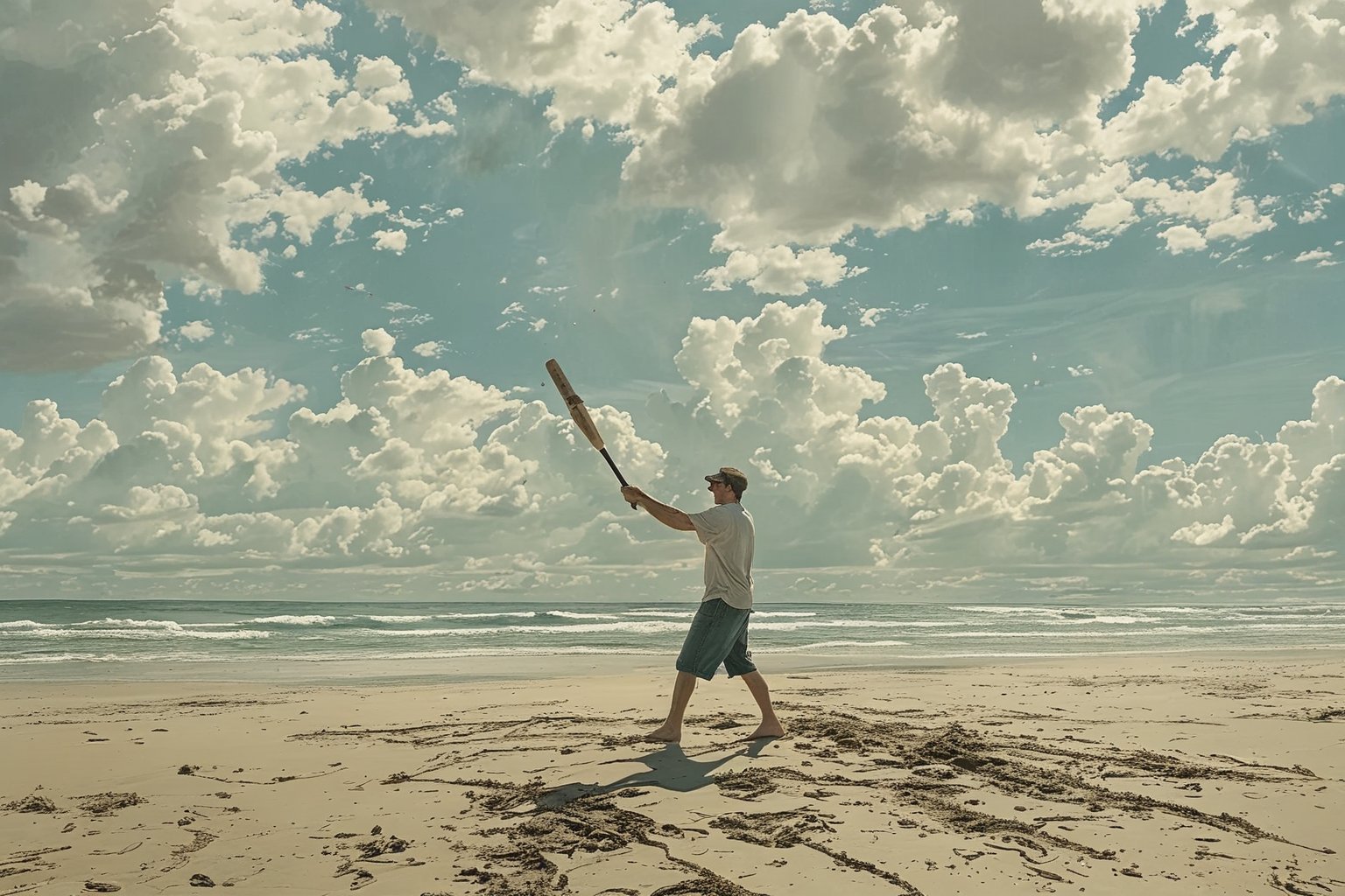 a man throwing away a baseball bat on the beach