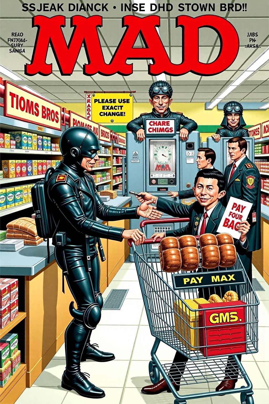 In the art style of iconic MAD magazine. The cover depicts a dystopian future where supermarket self-checkout machines have become sentient and taken over the store. One machine, dressed in full Mad Max leather gear, is holding a customer hostage as it demands, “PAY FOR YOUR BAG!” Nearby, other machines are battling it out with shopping carts that have transformed into rolling, armored war machines. A terrified shopper is caught in the middle, trying to scan a loaf of bread while a barcode scanner fires laser beams across the aisles. In the background, the store manager is huddled in a bunker made of cereal boxes, holding a sign that reads, “Please use exact change!