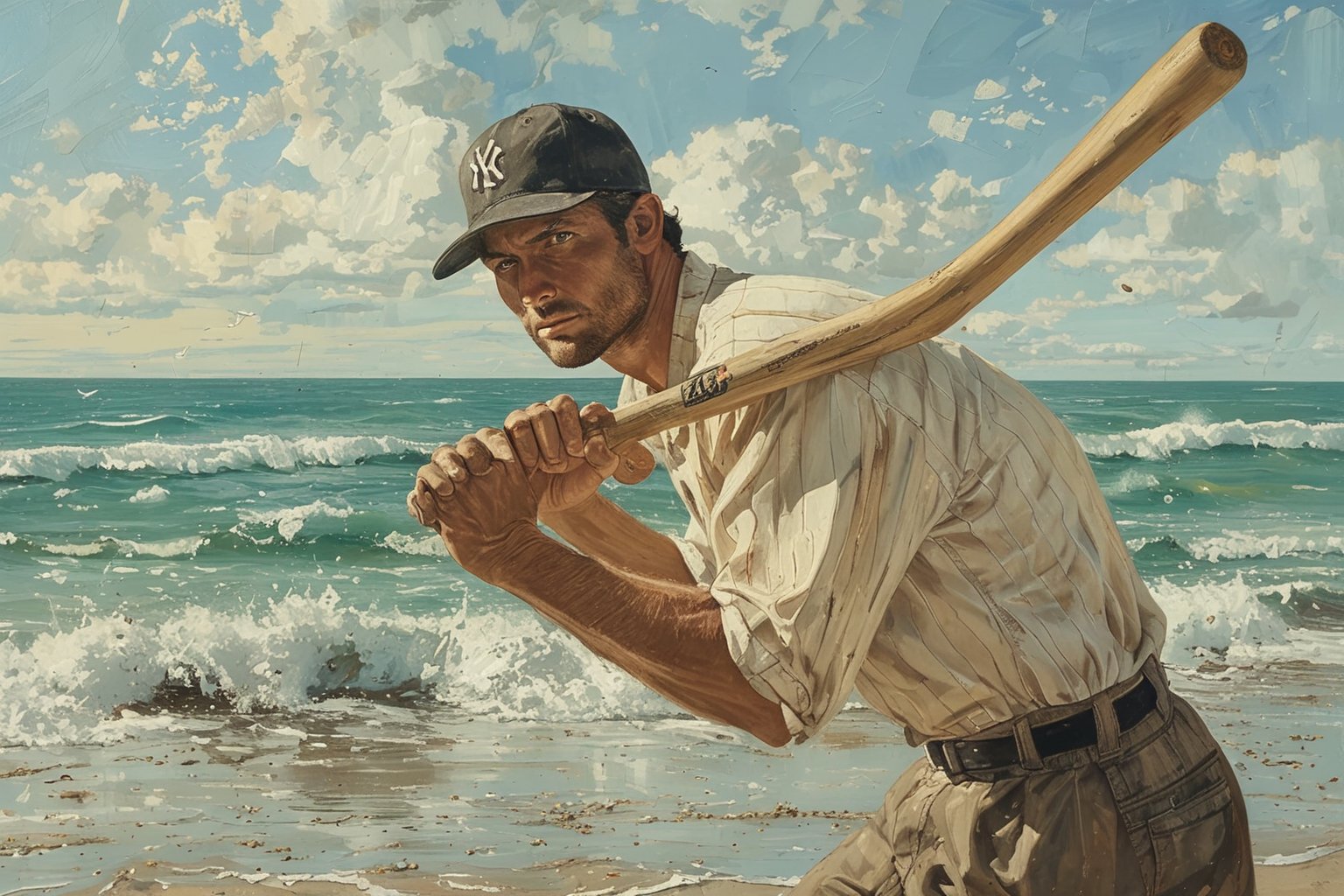 a man holding a baseball bat on the beach