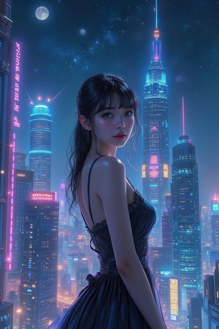 A futuristic cityscape with neon-lit skyscrapers and starry night sky serves as the backdrop for a serenity girl standing elegantly, her eyes directly addressing the viewer. Her gaze is serene, piercing, yet gentle, as if sharing a secret or seeking connection. The city's vibrant lights reflect off her curious expression, creating an ethereal glow around her face.