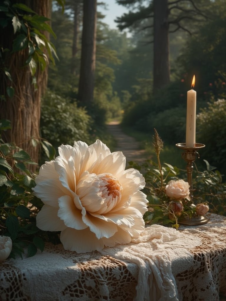 A delicate flower rests on a vintage lace tablecloth, surrounded by lush greenery and soft candlelight. The petals unfold like silk to reveal the intricate details of the bloom. In the background, a faintly lit garden path disappears into the darkness, with tall trees swaying gently in the breeze.