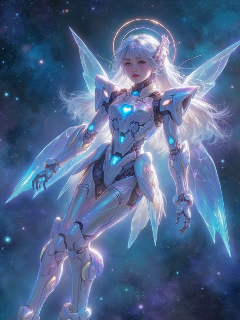 A tranquil mecha girl floats serenely amidst a starry expanse, her iridescent armor glistening with an ethereal sheen. Softly lit by the gentle glow of distant stars, her delicate features and flowing hair are illuminated against the dark vastness, as if surrounded by a halo of wonder.