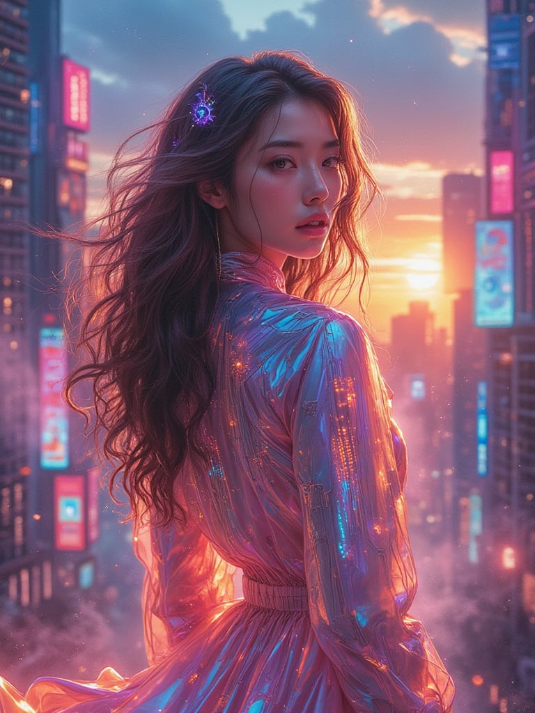 Futuristic Serene Girl: A cinematic shot of a young woman standing amidst a glowing, neon-lit cityscape at dusk. She's dressed in a flowing, iridescent jumpsuit with intricate circuitry patterns. Her long, curly hair flows like silk in the gentle breeze as she gazes out at the vibrant metropolis, her eyes aglow with an otherworldly softness. The warm light of the setting sun casts a serene glow on her face, surrounded by misty fog and towering skyscrapers.