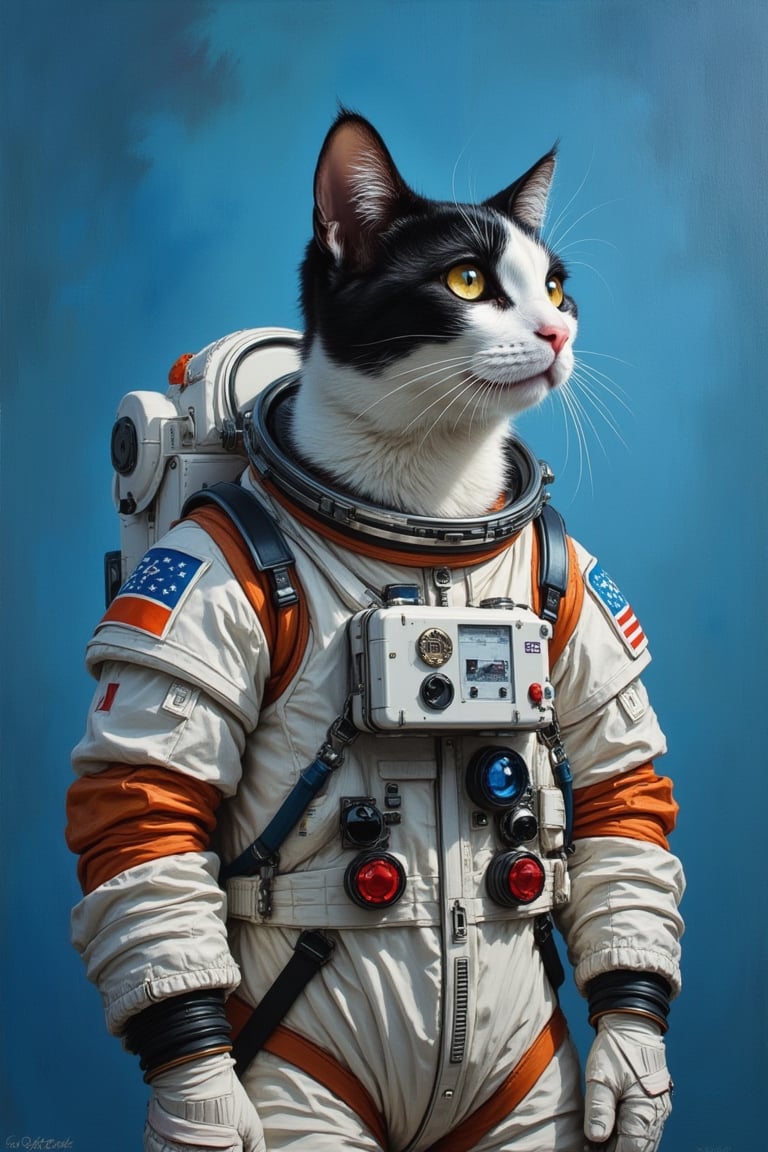 style. Oil Painting full size of a black and white cat wearing a space suit adn looking to the side, , blue background, , a lot of empty space