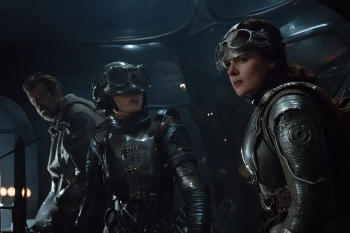 A tense standoff unfolds within the foggy confines of a retro-futuristic spaceship. Fritz Lang's protagonist stands firm, clad in worn leather and goggles, as two women and one man clad in steam-powered armor prepare for battle against an otherworldly foe. A striking female figure, donning a metallic spacesuit and 1910-era hairstyles, fixes her gaze on the encroaching extraterrestrial threat. Amidst the chaos, she remains steadfast. The dimly lit interior is illuminated only by the eerie glow of the moonlit metropolis visible through the portholes, casting an ominous light on the impending conflict.