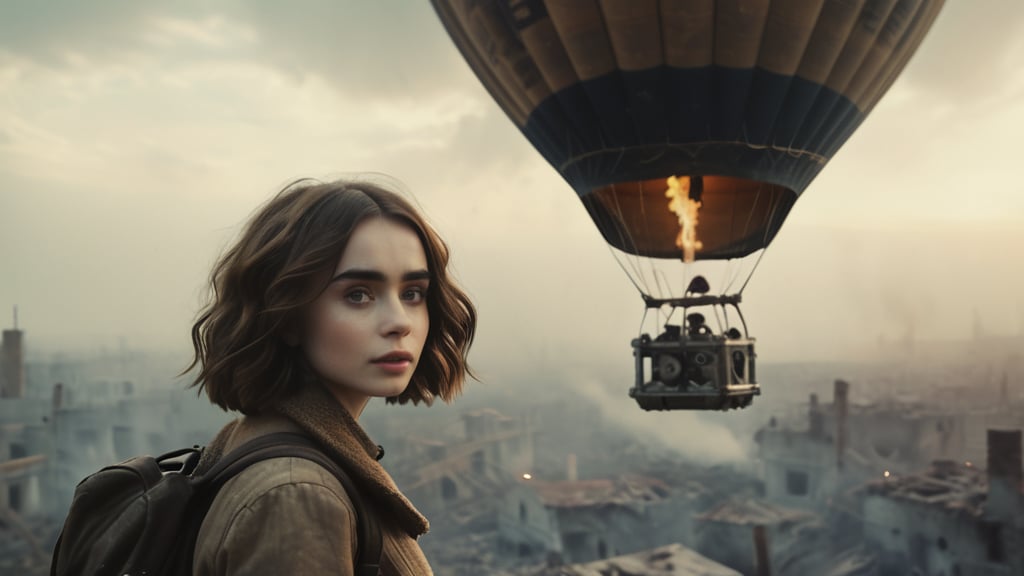 (((sexy cyberpunk android Lily Collins flies in a huge hot air balloon with a cybernetic robot eagle))), ((vintage dystopian sky over the ruined city background)), ((lighting dust particles)), horror movie scene, best quality, masterpiece, (photorealistic:1.4), 8k uhd, dslr, masterpiece photoshoot, (in the style of Hans Heysen and Carne Griffiths),shot on Canon EOS 5D Mark IV DSLR, 85mm lens, long exposure time, f/8, ISO 100, shutter speed 1/125, award winning photograph, facing camera, perfect contrast,cinematic style