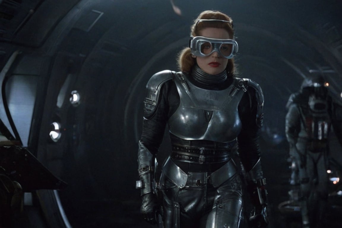 A tense standoff unfolds within the foggy confines of a retro-futuristic spaceship. Fritz Lang's protagonist stands firm, clad in worn leather and goggles, as two women and one man clad in steam-powered armor prepare for battle against an otherworldly foe. A striking female figure, donning a metallic spacesuit and 1910-era hairstyles, fixes her gaze on the encroaching extraterrestrial threat. Amidst the chaos, she remains steadfast. The dimly lit interior is illuminated only by the eerie glow of the moonlit metropolis visible through the portholes, casting an ominous light on the impending conflict.