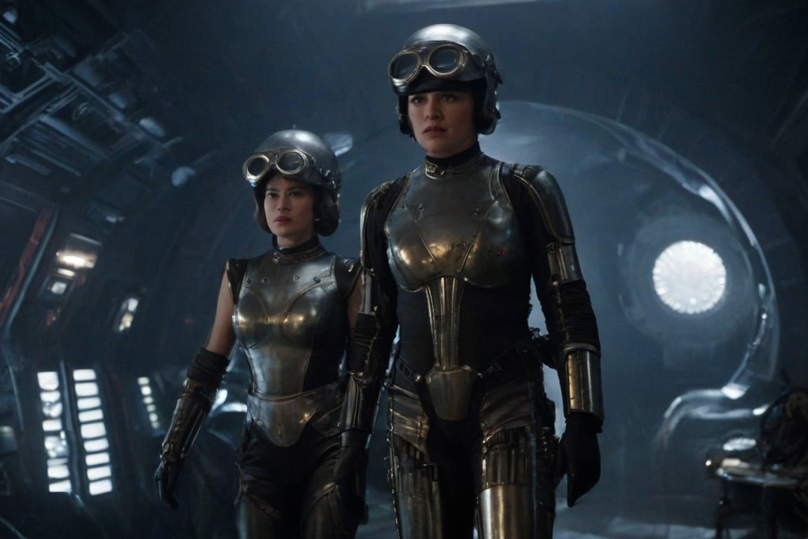 A tense standoff unfolds within the foggy confines of a retro-futuristic spaceship. Fritz Lang's protagonist stands firm, clad in worn leather and goggles, as two women and one man clad in steam-powered armor prepare for battle against an otherworldly foe. A striking female figure, donning a metallic spacesuit and 1910-era hairstyles, fixes her gaze on the encroaching extraterrestrial threat. Amidst the chaos, she remains steadfast. The dimly lit interior is illuminated only by the eerie glow of the moonlit metropolis visible through the portholes, casting an ominous light on the impending conflict.