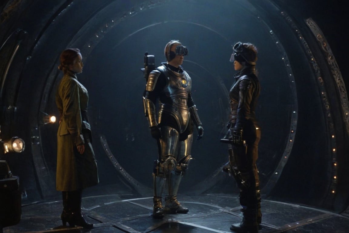 A tense standoff unfolds within the foggy confines of a retro-futuristic spaceship. Fritz Lang's protagonist stands firm, clad in worn leather and goggles, as two women and one man clad in steam-powered armor prepare for battle against an otherworldly foe. A striking female figure, donning a metallic spacesuit and 1910-era hairstyles, fixes her gaze on the encroaching extraterrestrial threat. Amidst the chaos, she remains steadfast. The dimly lit interior is illuminated only by the eerie glow of the moonlit metropolis visible through the portholes, casting an ominous light on the impending conflict.